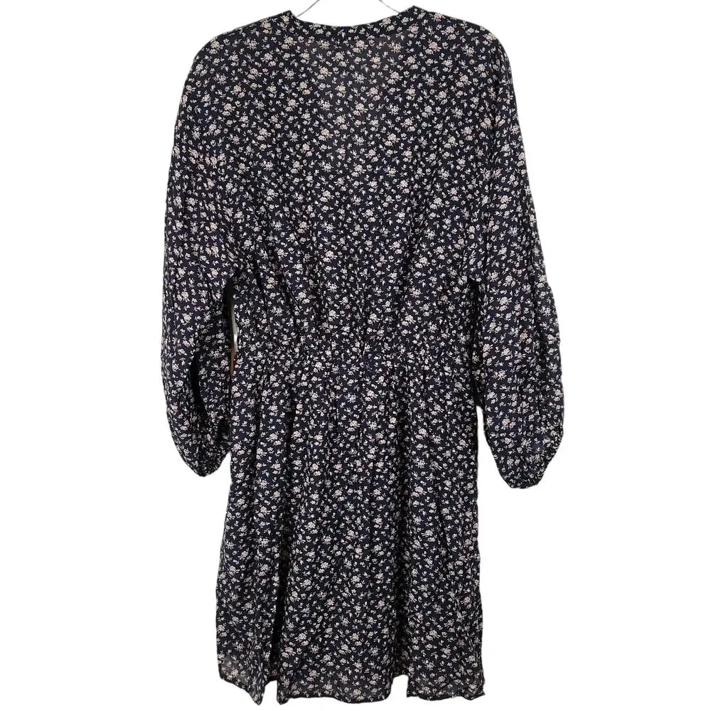 New Joie Galani Navy Floral Balloon Sleeve Cinched Waist Button Dress, Large NWT